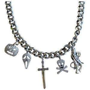 Dalmata D Stainless Steel Halloween Charm Necklace Cuban Chain Goth Rhinestone